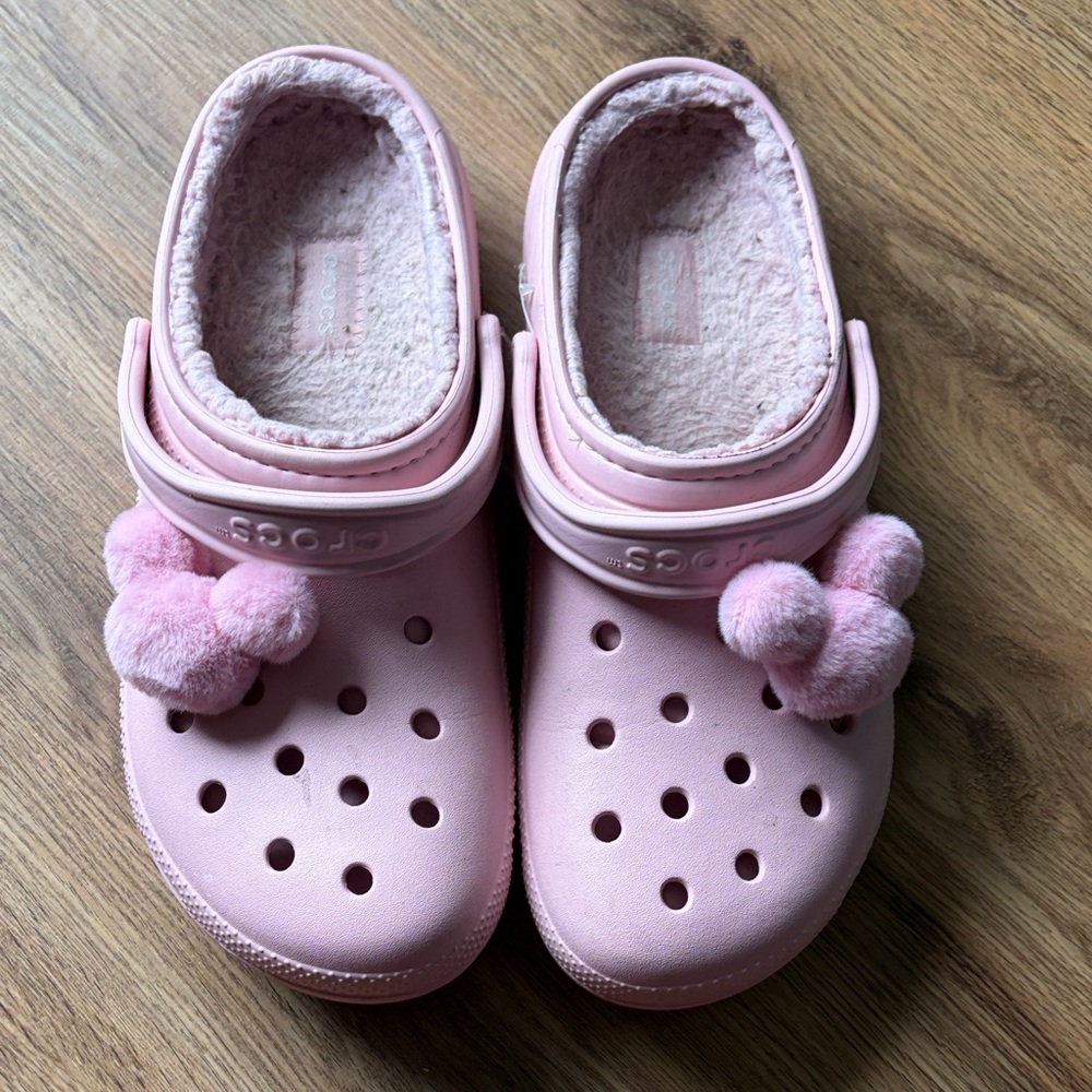 CROCS Light Pink Clogs with Plush Pom Poms